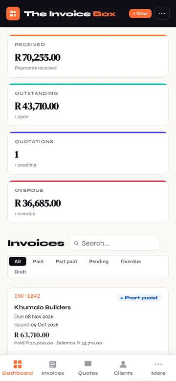 The dashboard: payments received, amounts outstanding and overdue, and the list of invoices