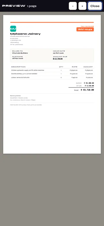 The finished invoice as it prints, with the business details, line items and totals