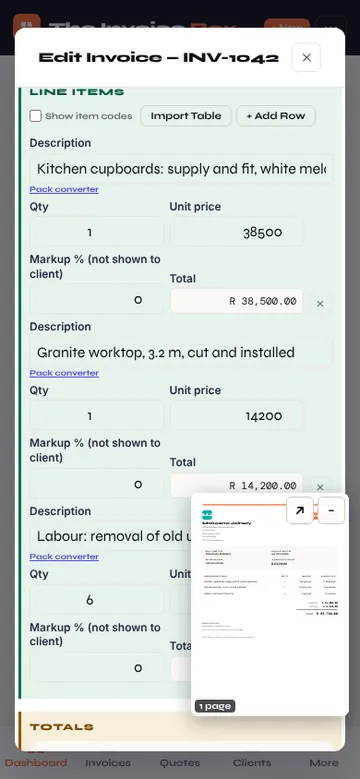 An invoice being edited on a phone: client details and line items in colour-coded sections